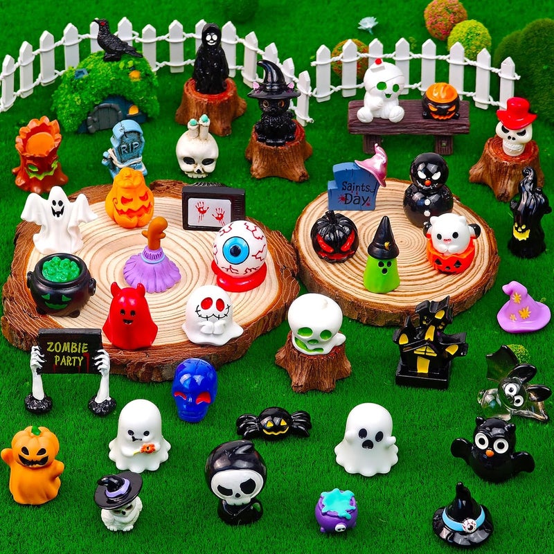 Feivando 38 Pcs Halloween Mini Resin Figures Tiny Little Pumpkin Ghost Skull Miniature Figurines Bulk for Halloween Party Micro Landscape Fairy Garden Decor - Image 3